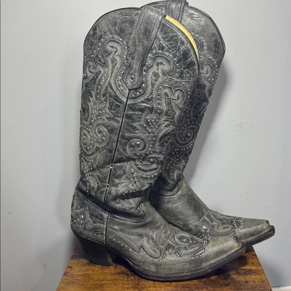 Vintage Corral Cowboy Boots Gray Leather Silver Studs Women's Size 10 - Picture 1 of 16